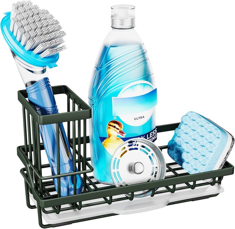 Consumest Sponge Holder for Kitchen Sink - Kitchen Sink Caddy Organizer with Removable Drip Tray for Countertop Dish Soap Dispenser Brush Storage Accessories 304 Stainless Steel, Green - Image 1